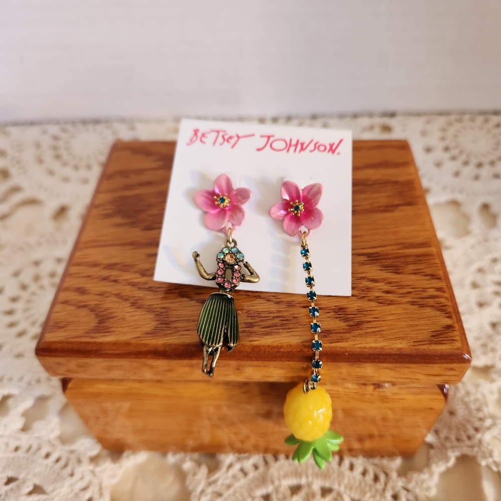 Betsey Johnson Pink Flower and Green Dancer Earrings